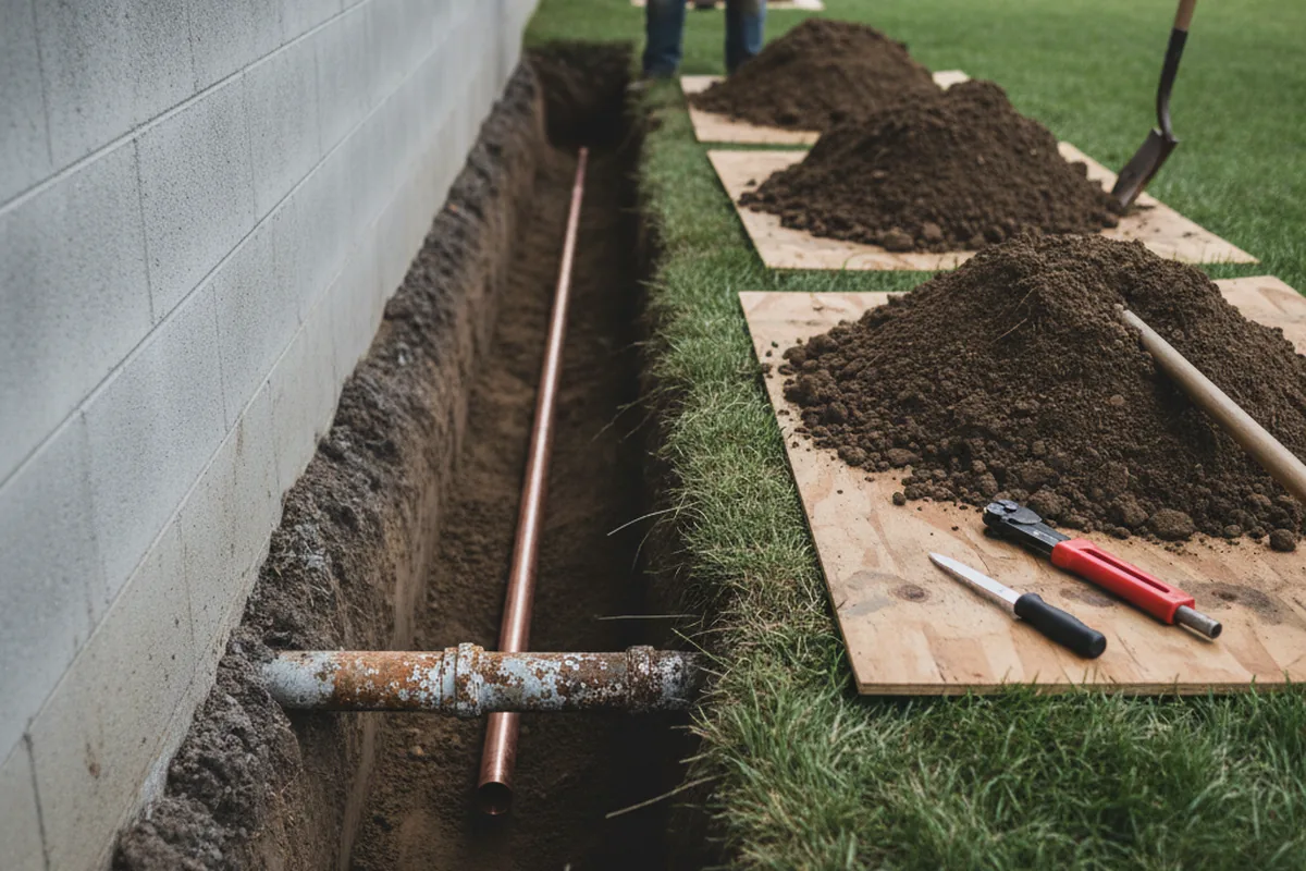 Excavated water line trench during Water Softener Installation in Barling